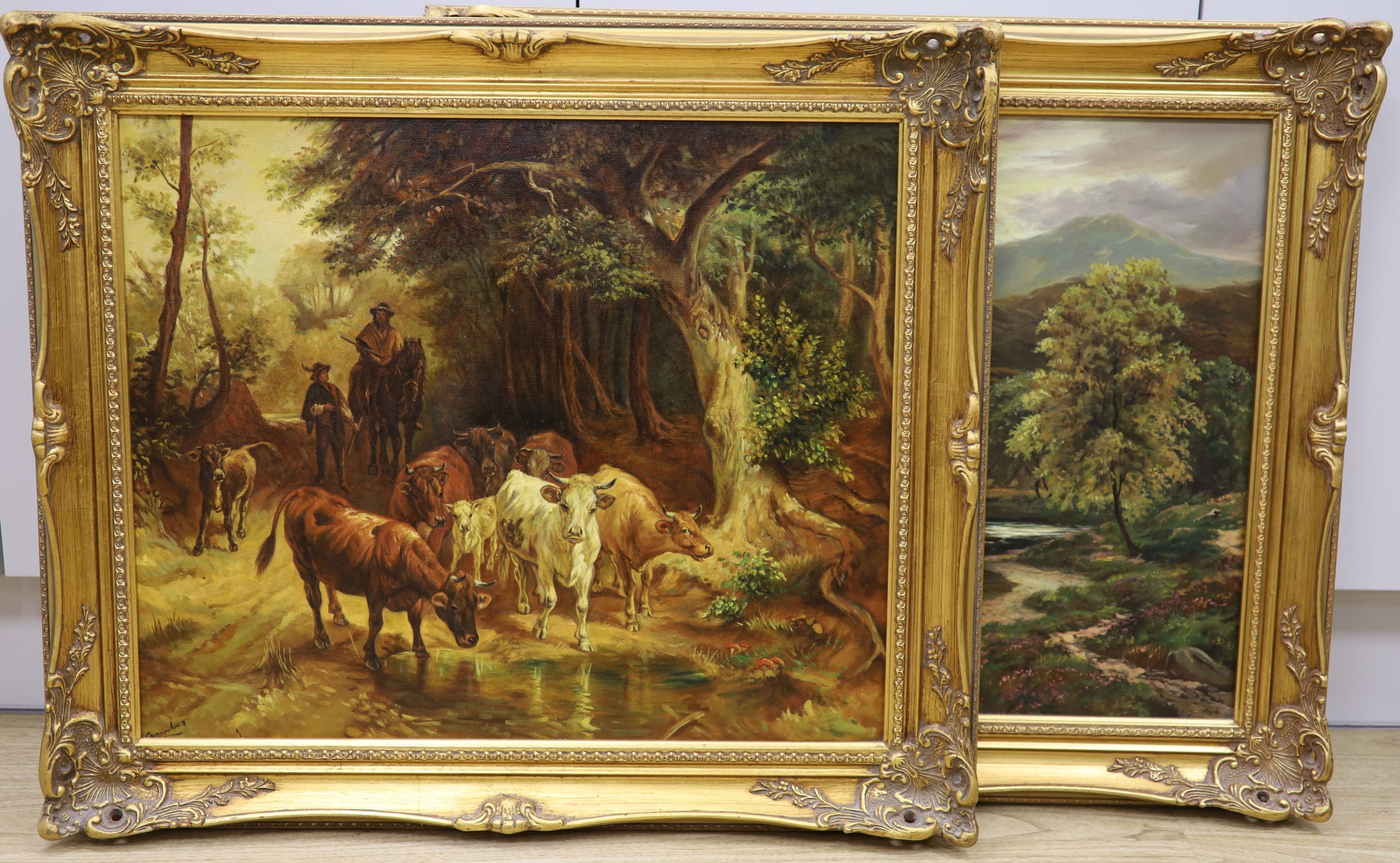 Campbell - (20th century British school), oil on canvas, Figures driving cattle on a wooded track, bears signature, 50 x 60cm. And another similar oil signed Redfern.